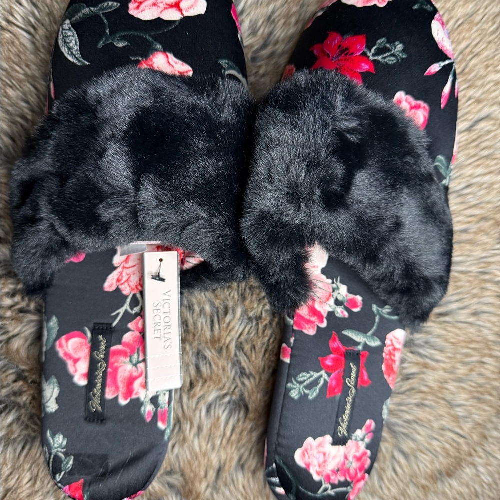 Victoria's Secret Black and Pink Floral Slippers size 7-8